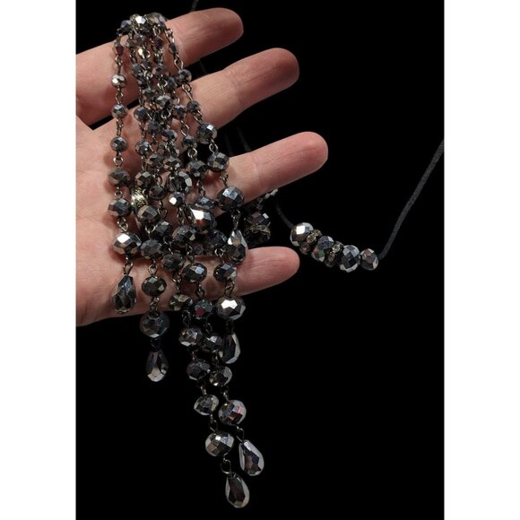 Glam Goth Mirror Finish Glass Beaded Tassel Necklace - Picture 6 of 6